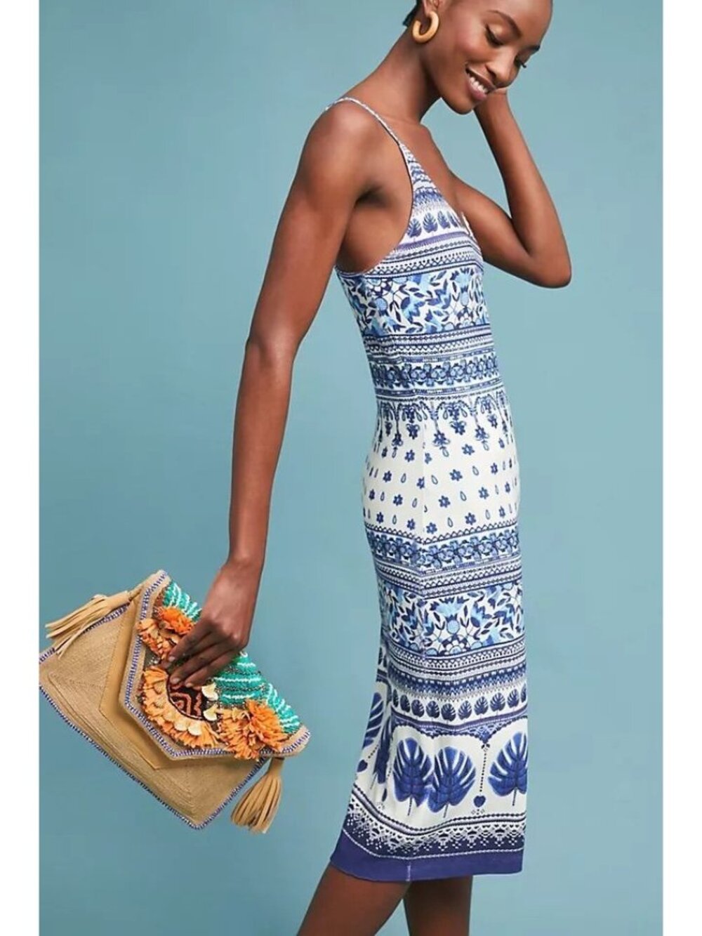 Farm Rio women's medium blue ivory tiled slip midi dress resortwear summer